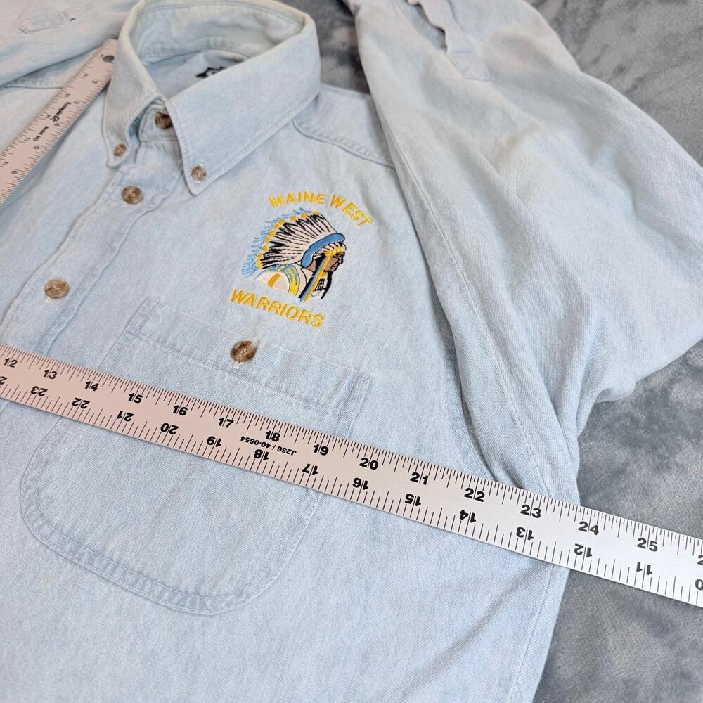 VTG 90s Tree Rivers Maine West Worriers Embroidered Denim Shirt Sz M Distressed - Picture 8 of 11